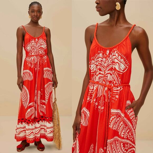 Farm Rio Red Majestic Coconut Tree Maxi Dress S